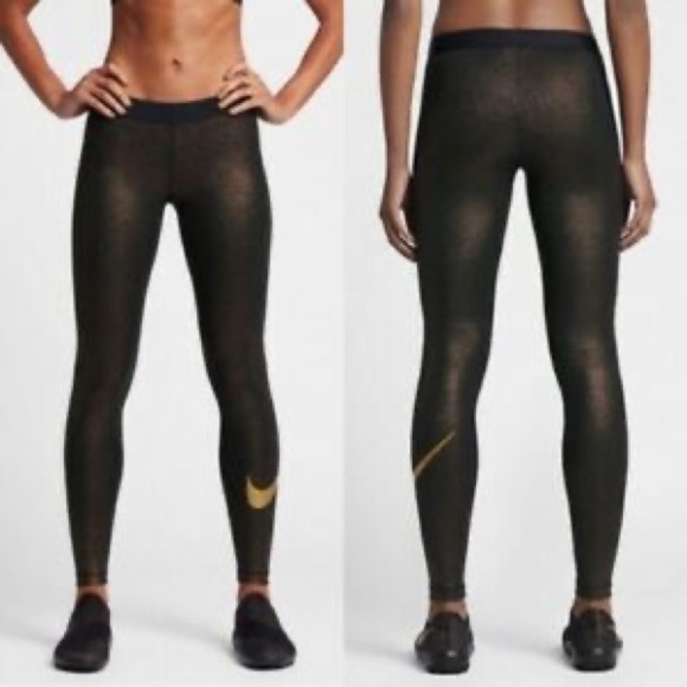 Nike Pro Women's Black/Metallic Gold Training Tights- AQ4412-013 Leggings size S